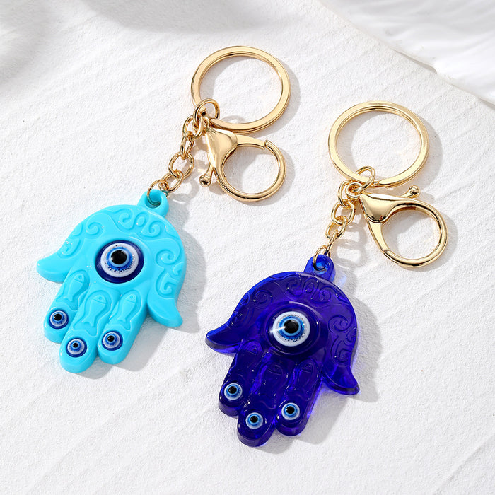 Resin Hamsa Evil Eye Keychains Gold Clasp Sky Deep Blue