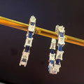 Blue and Clear Rectangular Stone Hoop Earrings in Silver Tone view 3