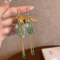 Green Translucent Leaf and Gold Chain Tassel Hook Earrings view 2