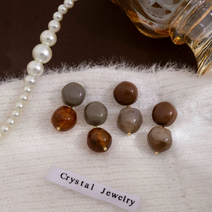 Taupe Amber Resin Drop Earrings Irregular Double Bead