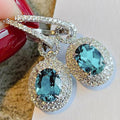Silver Teal Oval Halo Lever Back Drop Earrings Double Pave view 1