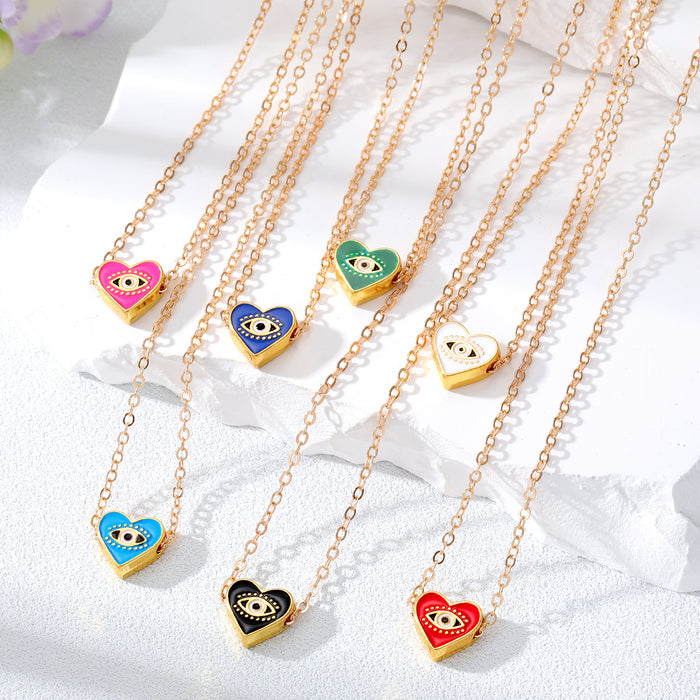 Gold Tone Heart Enamel Evil Eye Pendant Necklaces in Seven Colors