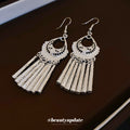 Silver Tone Crescent Fringe Drop Earrings with Hooks view 2