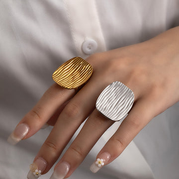 Large Wavy Square Face Open Ring in Gold Tone or Silver Tone