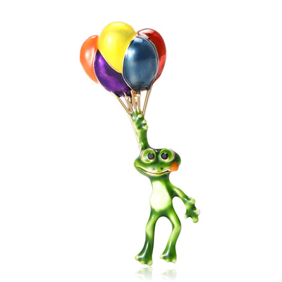 Frog With Balloon Cluster brooch shown from the front