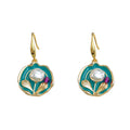 Gold Teal Enamel Disc Baroque Pearl Floral Drop Hook Earrings view 5