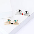 Cat Whiskers Face Brooch Crystal Eyes Minimal Metal Pin view 3