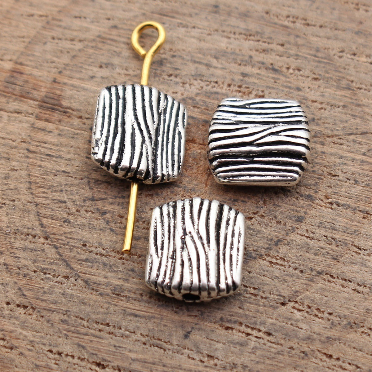 9.2x8.4x3.4mm 0.82g Antique Silver Zinc Alloy Wood Grain Loose Metal Beads for DIY Bracelet Jewelry Making