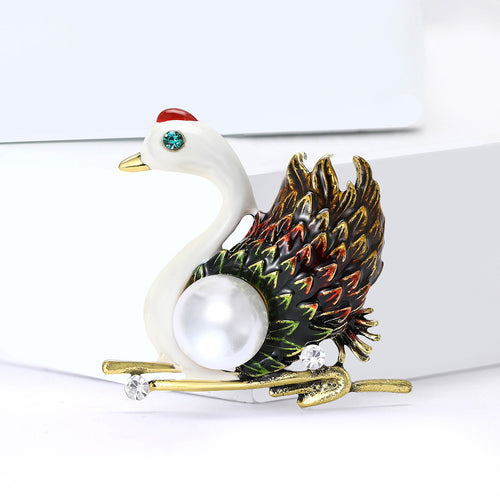 White enamel swan pearl brooch gold branch multicolor feathers