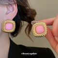 Gold Tone Square Stud Earrings with Pink or White Centers view 3