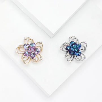 Hollow Crystal Flower Brooch Purple Gold and Blue Silver