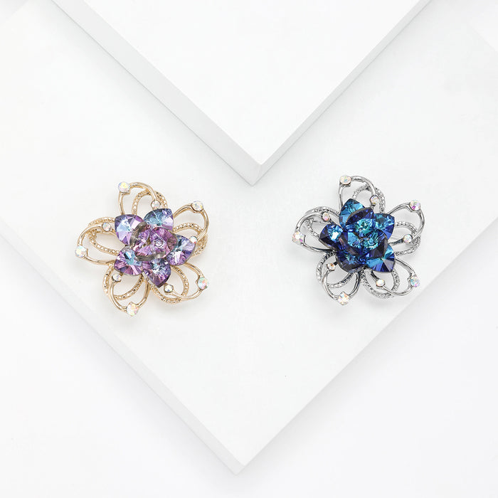 Hollow Crystal Flower Brooch Purple Gold and Blue Silver