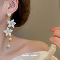 White Floral Branch Drop Earrings With Pearl Accents view 3