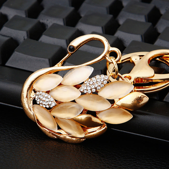 Mixed Moonstone Swan and White Tassel Peacock Keychains in Four Styles