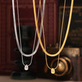 Gold Steel Double Layer Herringbone Bead Drop Necklace view 2