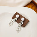 Silver Leaf Wheat Spray Pearl Look Long Stud Earrings view 2