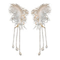 White Feather Ear Cuffs With Pearl and Chain Drops view 5