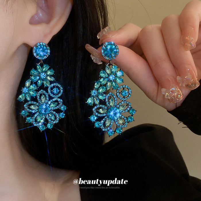 Blue Crystal Floral Statement Earrings For Women Jewelry