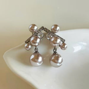 Pearl Drop Stud Earrings with Crossed Cubic Zirconia Bars, Silver-Tone