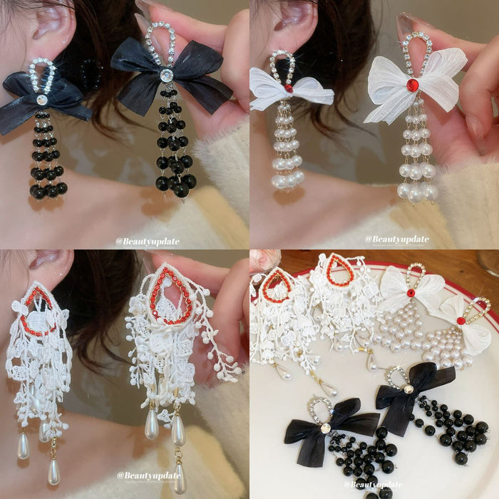 Bow and Beaded Tassel Drop Earrings in Three Colorways