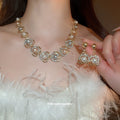Gold Pearl Crystal Flower Necklace And Drop Earring Set view 1