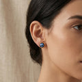 Three Blue Evil Eye Round Gold Tone Small Stud Earrings view 2