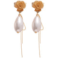 Rose And Pearl Effect Chain Tassel Drop Earrings Jewelry view 5