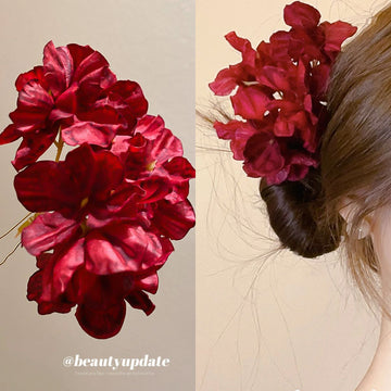 Deep Red Fabric Flower Cluster Hair Pin Stick Style