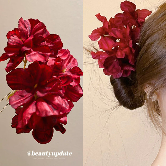 Deep Red Fabric Flower Cluster Hair Pin Stick Style