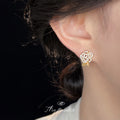 Gold Openwork Camellia Pave Crystal Leaf Stud Earrings view 2
