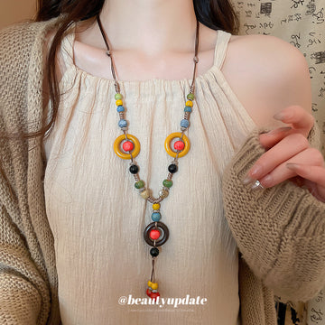 Boho Multicolor Bead Y Necklace Yellow Brown Rings Cord