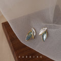 Gold Tone White And Blue Green Leaf Cluster Stud Earrings view 1