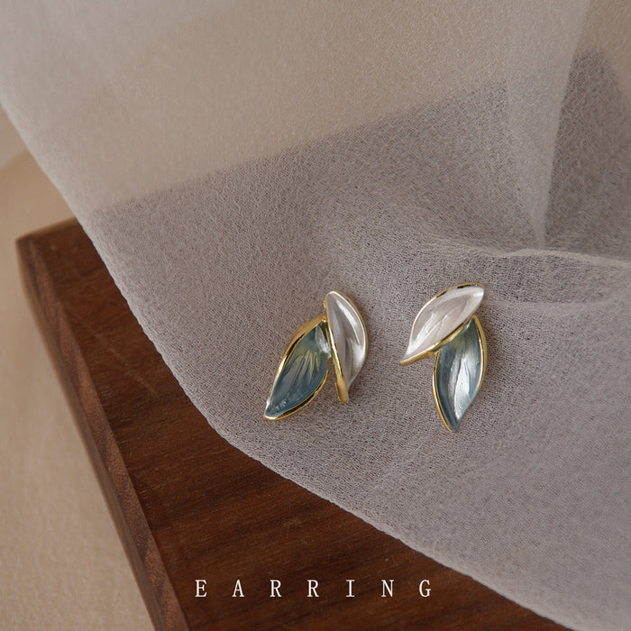 Gold Tone White And Blue Green Leaf Cluster Stud Earrings