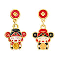 Gold Enamel Fortune God Drop Earrings Asymmetric Pair view 5