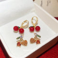 Gold Tone Cherry Stud Earrings with Red Crystal Fruit view 3