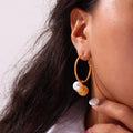 Gold Steel Hammered Ball Pearl Necklace Hoop Earring Set view 2