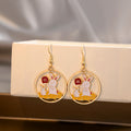Gold Tone Round Rabbit Fortune Character Drop Hook Earrings view 1