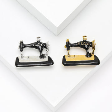 Vintage Sewing Machine Enamel Brooch Black Gold Silver Tone