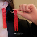 Red Crystal Extra Long Fringe Statement Drop Earrings view 3