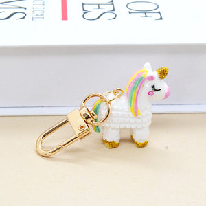 White Resin Unicorn Keychain Rainbow Mane Gold Clasp