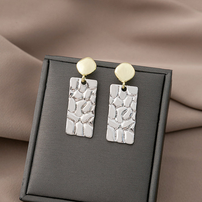 Gold Disc Silver Hammered Rectangle Drop Earrings Two Tone