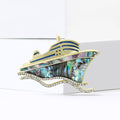 Shell Inlay Cruise Ship Brooch With Faceted Crystals And Polished Metal Details view 2