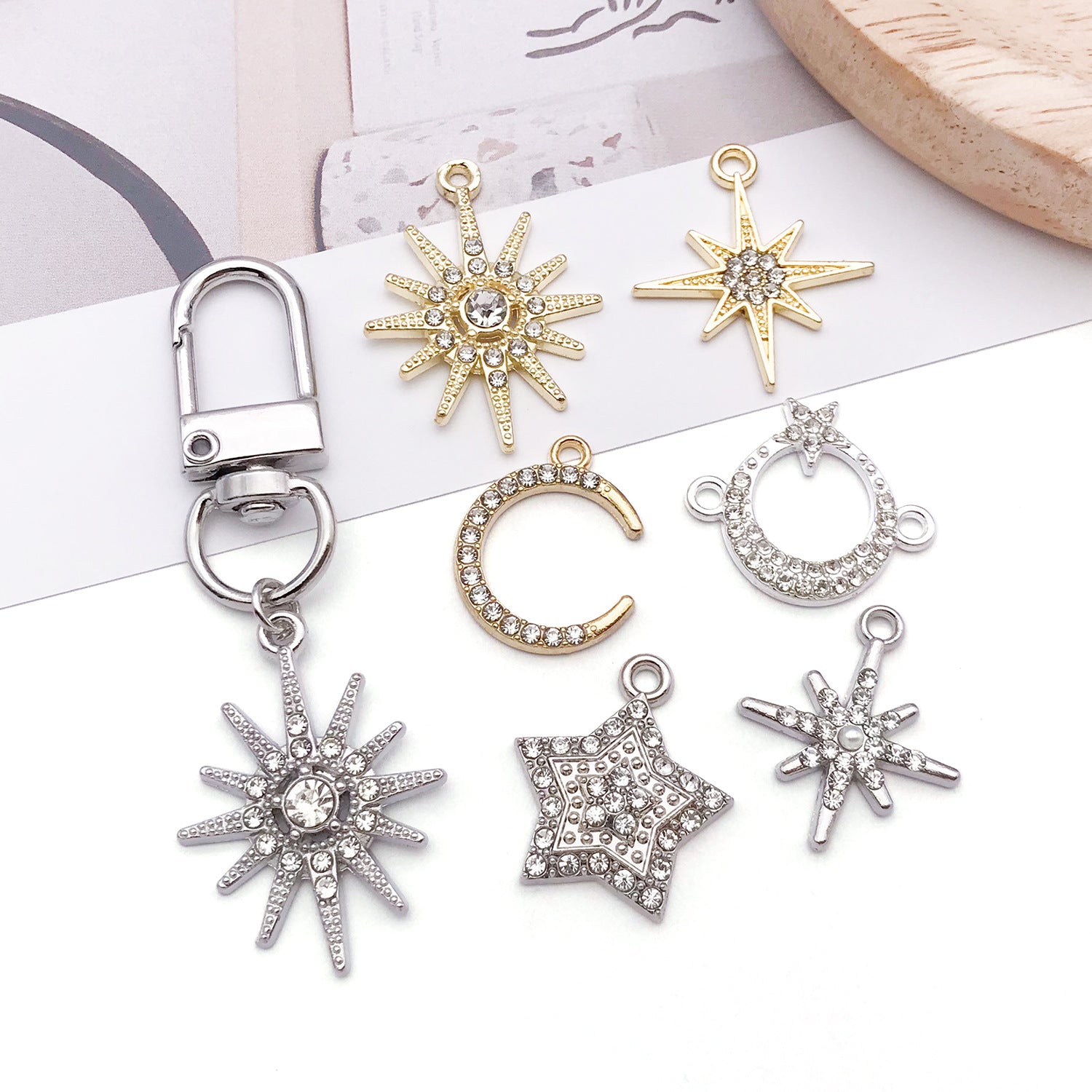 Rhinestone Zinc Alloy Four-Point Star Moon Five-Point Star Connector Charm for DIY Necklace