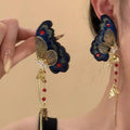 Navy Embroidered Butterfly Asymmetric Tassel Earrings view 1