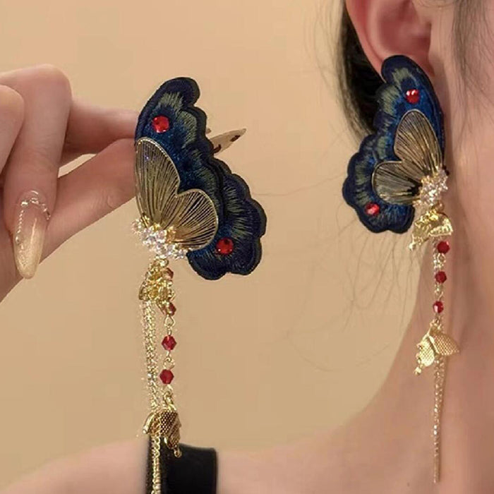 Navy Embroidered Butterfly Asymmetric Tassel Earrings