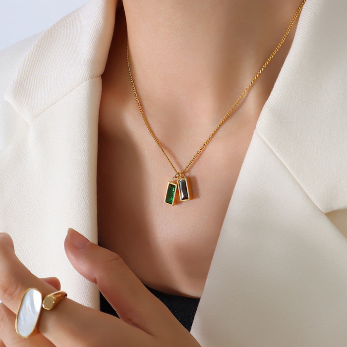 Gold Dual Baguette Green Black Zircon Pendant Necklace