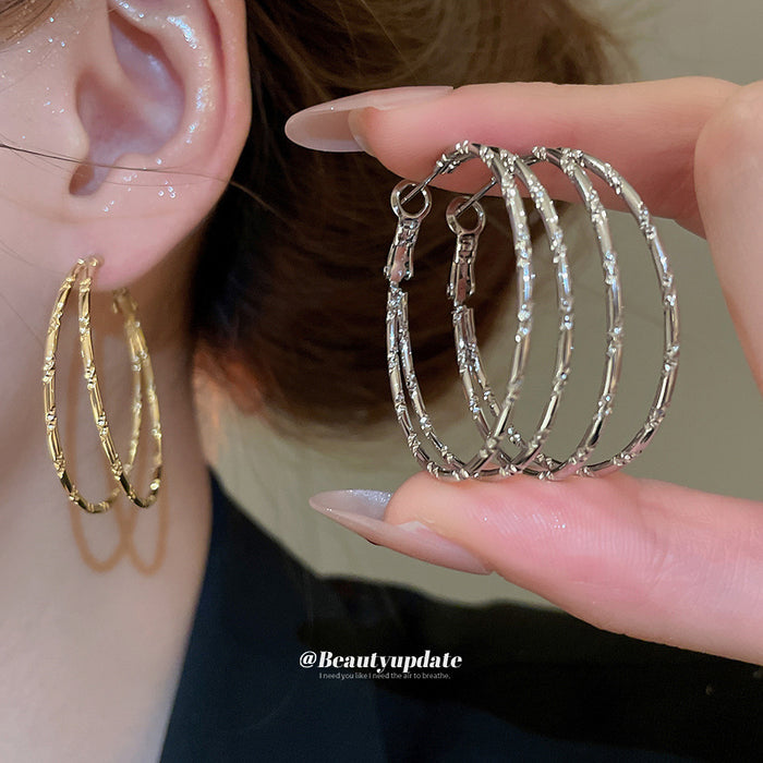 Gold Textured Double Hoop Statement Earrings Jewelry Accessory