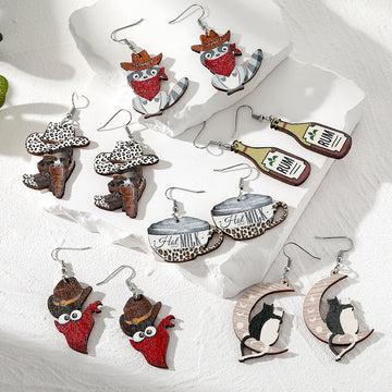 Silver Tone Western Cat Hat Bottle and Cup Acrylic Hook Earrings
