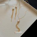 Wire Caged Pearl Tassel Necklaces Earrings Gold Silver view 4
