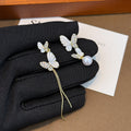 Asymmetric Silver Butterfly Pearl Look Tassel Earrings view 2